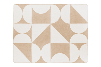 Packshot of a beige and white geometric patterned throw blanket.